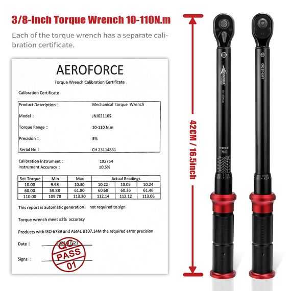 AEROFORCE 3/8-Zoll Drehmomentschlüssel (10-110 Nm), 72-Zahn Ratsche mit Doppelrichtungs-Umschaltung, Präzisionskalibriert für Fahrrad, Motorrad und Autoreparaturen