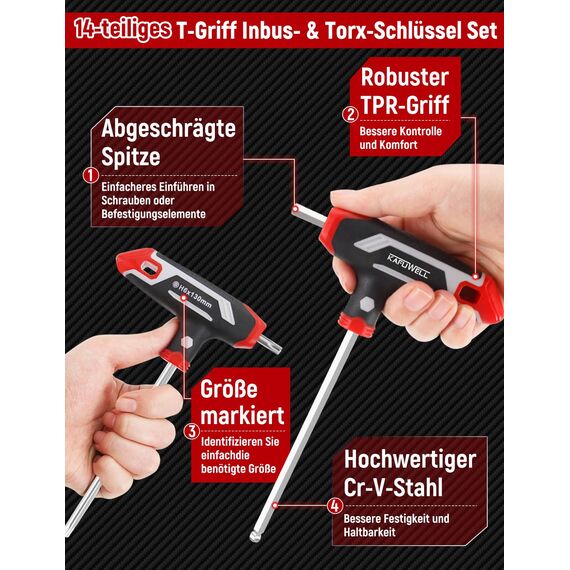 KAFUWELL 14-tlg Inbusschlüssel und Torx-Schlüssel-Satz T-Griff, metrisch Sechskant H2-H10, Torx-Schlüssel TX10-TX50, für DIY, einfache Hausreparaturen, Auto, Fahrrad, mit Aufbewahrungsständer