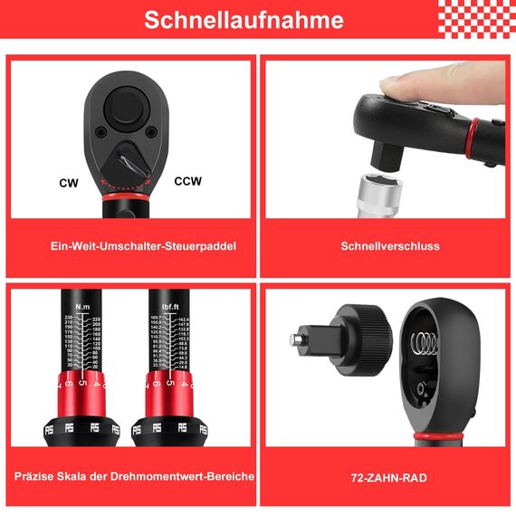 ATsafepro Drehmomentschlüssel Set 1/4 3/8 1/2 Zoll Antrieb Klicken, Drehmomentschlüssel Fahrrad Moto Auto 3-25NM 5-60NM 20-230NM, Doppelrichtung 72 Zähne mit 1/4‘‘ auf 3/8‘‘ auf 1/2‘‘ Drei Adapter