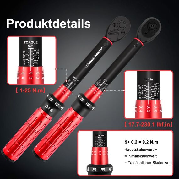ATsafepro 14-Tlg Klein Drehmomentschlüssel Fahrrad 1–25 NM 1/4'', Drehmoment Schlüssel Auto Set, 72-Zahn-Zweiseitig Verstellbar, Mit Verlängerungsstange, 3/8 Zoll-Adapter Und Steckdosenbits