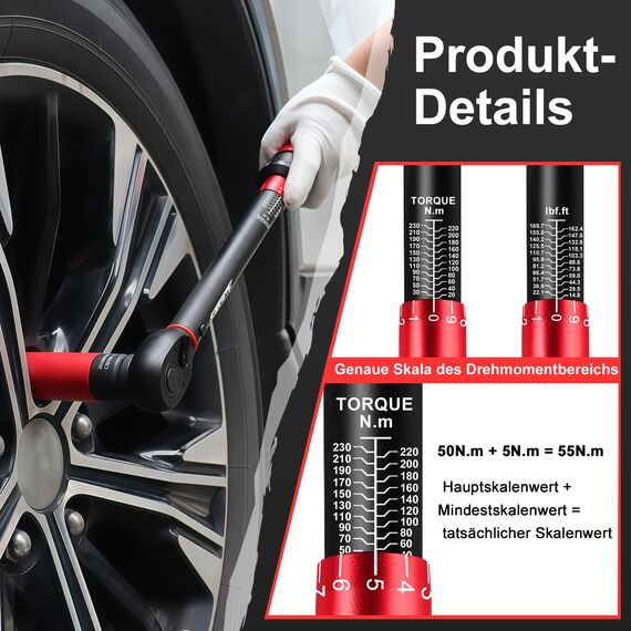 ATsafepro Drehmomentschlüssel 1/2 Zoll, 20-230 Nm 7 tlg. Drehmomentschlüssel Set mit 3 Stecknüsse (17mm, 19mm, 21mm), 1/2"-3/8" Adapter, 125 mm Verlängerungsstange, ±3% Genauigkeit
