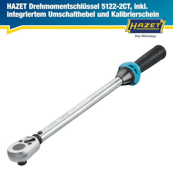 Hazet Drehmomentschlüssel 5122-2CT I Abtrieb: Vierkant 12,5 mm, 1/2 Zoll, Toleranz: 4%, 32 Zähne Betätigungswinkel 11,25 Grad I anwenderfreundliche Umschaltknarre für Auto und Fahrrad I 519mm