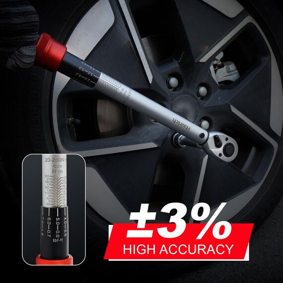 Hairich Drehmomentschlüssel 1/2 Zoll für Auto, 20–230 Nm, Torque Wrench 5-tlg. Set mit Verlängerung & Stecknüssen (17/19/21 mm) – für Reifenwechsel & Motorrad