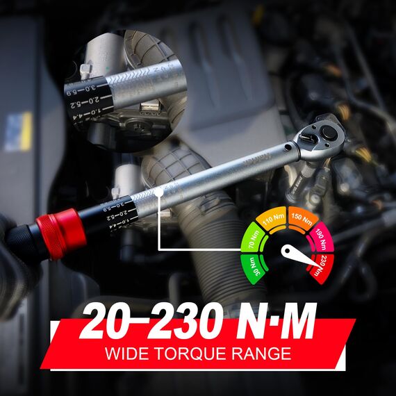Hairich Drehmomentschlüssel 1/2 Zoll für Auto, 20–230 Nm, Torque Wrench 5-tlg. Set mit Verlängerung & Stecknüssen (17/19/21 mm) – für Reifenwechsel & Motorrad