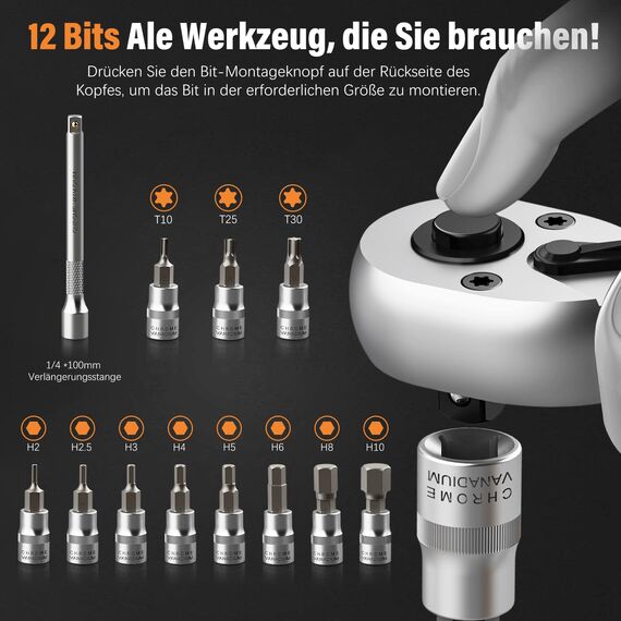 13TLG Klein Drehmomentschlüssel Fahrrad 3-25NM, 1/4 Zoll Torque Wrench Set, 72 Zähne Umschaltknarre, Ratschenkasten inklusive mit Verlängerungsstange 10 cm, Innensechskant und Torx Bit Buchse