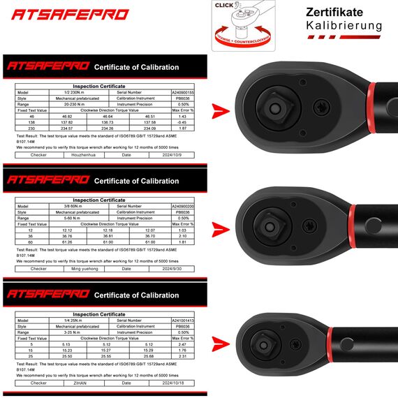 ATsafepro Drehmomentschlüssel Set 1/4 3/8 1/2 Zoll Antrieb Klicken, Drehmomentschlüssel Fahrrad Moto Auto 3-25NM 5-60NM 20-230NM, Doppelrichtung 72 Zähne mit 1/4‘‘ auf 3/8‘‘ auf 1/2‘‘ Drei Adapter