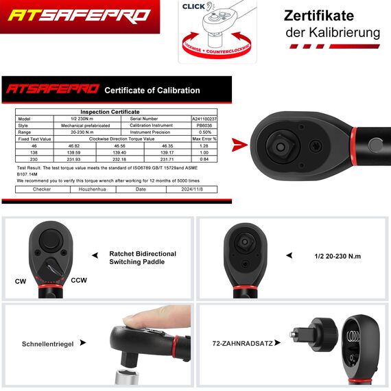 ATsafepro Drehmomentschlüssel 1/2",20-230Nm Drehmomentschlüssel auto mit 3/8" Adapter Verlängerungsstange,±3% Fehlergenauigkeit 72 Zähne torque wrench für die Reparatur von Auto, Motorrad, LKWs