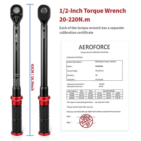 AEROFORCE 1/2-Zoll Drehmomentschlüssel (20-220 Nm), 72-Zahn Ratsche mit Doppelrichtungs-Umschaltung, Präzisionskalibriert für Fahrrad, Motorrad und Autoreparaturen