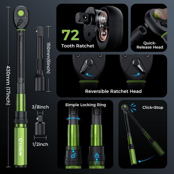 ETOOLAB 1/2" Drehmomentschlüssel Auto, 20-230Nm/10-170lbf-ft, ±3% Fehlergenauigkeit, 72 Zähne Umschaltknarre Drehmomentschlüssel für Auto/Motorrad/Lastwagen