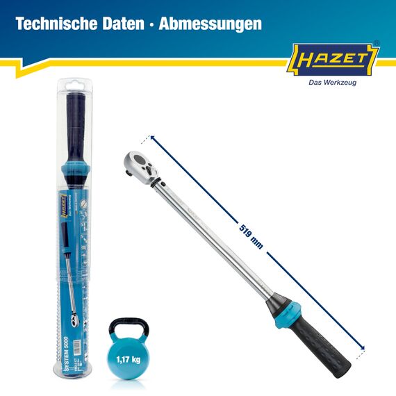 Hazet Drehmomentschlüssel 5122-2CT I Abtrieb: Vierkant 12,5 mm, 1/2 Zoll, Toleranz: 4%, 32 Zähne Betätigungswinkel 11,25 Grad I anwenderfreundliche Umschaltknarre für Auto und Fahrrad I 519mm
