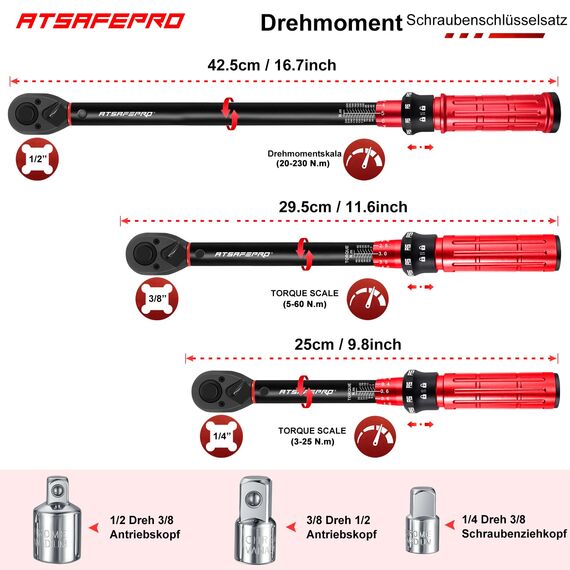 ATsafepro Drehmomentschlüssel Set 1/4 3/8 1/2 Zoll Antrieb Klicken, Drehmomentschlüssel Fahrrad Moto Auto 3-25NM 5-60NM 20-230NM, Doppelrichtung 72 Zähne mit 1/4‘‘ auf 3/8‘‘ auf 1/2‘‘ Drei Adapter