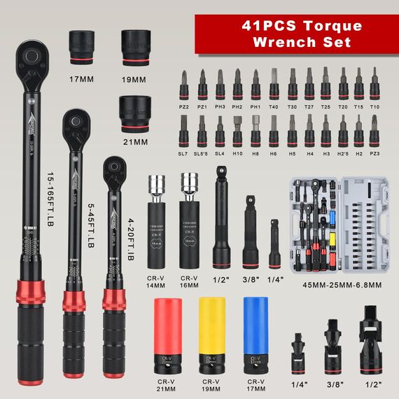 1/4 & 3/8 & 1/2-Zoll Knarren-Drehmomentschlüssel, 41-teiliges Drehmomentschlüssel-Set mit Steckschlüsseln und Verlängerungen, Inbus, Torx, magnetische Zündkerze für Auto, Motorrad und Fahrradreparatur