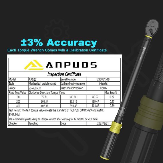 ANPUDS Drehmomentschlüssel 1/2 Zoll, 60-460 Nm, ±3% Zertifizierte Genauigkeit, Cr-V Stahl, 72 Zähne Umschaltknarre, Schwerlast Profi-Werkzeug für LKW, SUV, Transporter & Landwirtschaft, inkl. Box