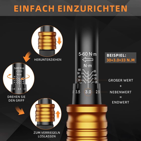 3/8 Zoll Drehmomentschlüssel, 72 Zähne Wende Ratschenkopf, 5-60 Nm Torque Wrench Set für Fahrrad, Motorrad und Auto Zündkerzen Wechsel, mit 3/8" auf 1/4" Adapter, 3/8" Universalgelenk, 75mm Verlängeru