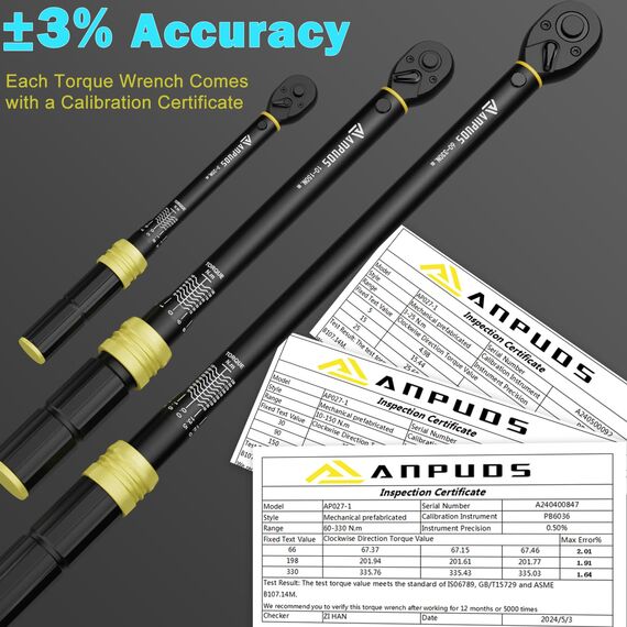 ANPUDS Drehmomentschlüssel 1/4 & 3/8 & 1/2 Zoll, 3-25Nm, 10-150Nm, 60-330Nm, 5-tlg. Komplett Drehmomentschlüssel Set, ±3% Zertifizierte Genauigkeit, 72 Zähne für Fahrrad, Auto, LKW, Motorrad