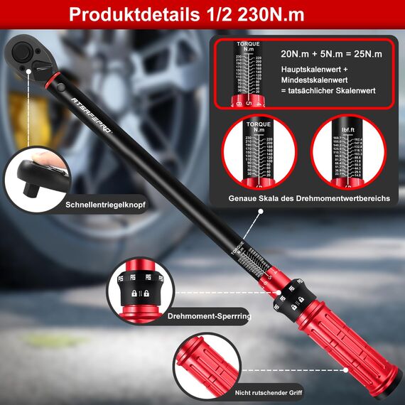 ATsafepro Drehmomentschlüssel 1/2",20-230Nm Drehmomentschlüssel auto mit 3/8" Adapter Verlängerungsstange,±3% Fehlergenauigkeit 72 Zähne torque wrench für die Reparatur von Auto, Motorrad, LKWs