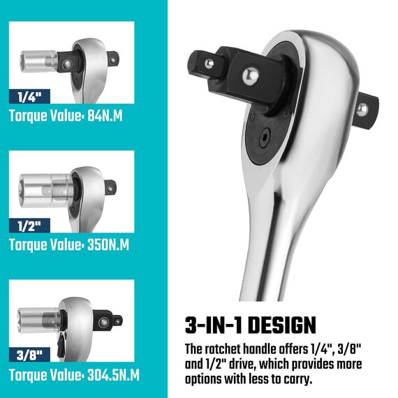 DURATECH 3‑in‑1 Umschaltknarre 180 mm, 1/4", 3/8" & 1/2" Ratschengriff, 72‑Zahn Steckschlüssel aus Legierungsstahl für Auto, Motorrad und Maschinenreparatur