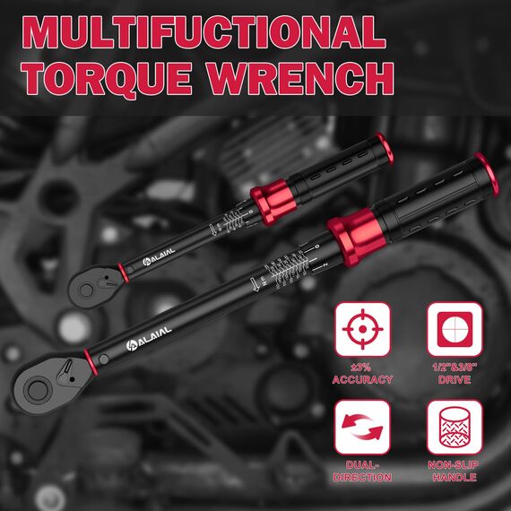 ALAIAL Drehmomentschlüssel 1/2" & 3/8", 20-220Nm, 5-60Nm Drehmomentschlüssel 12-tlg. Set mit Verlängerung, Reifenschutz Steckdosen, Zündkerzenhülse, Bits und Sockets für Fahrrad, Motorrad, Auto
