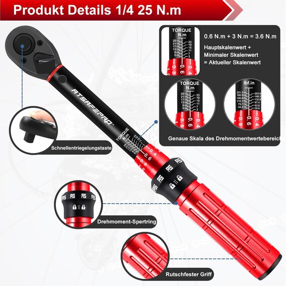 ATsafepro Drehmomentschlüssel Fahrrad 3-25Nm, Drehmomentschlüssel 1/4 Zoll, ±3% Fehlergenauigkeit 72 Zähnen für Fahrrad und Motorrad Wartung