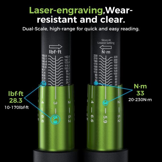 ETOOLAB 1/2" Drehmomentschlüssel Auto, 20-230Nm/10-170lbf-ft, ±3% Fehlergenauigkeit, 72 Zähne Umschaltknarre Drehmomentschlüssel für Auto/Motorrad/Lastwagen