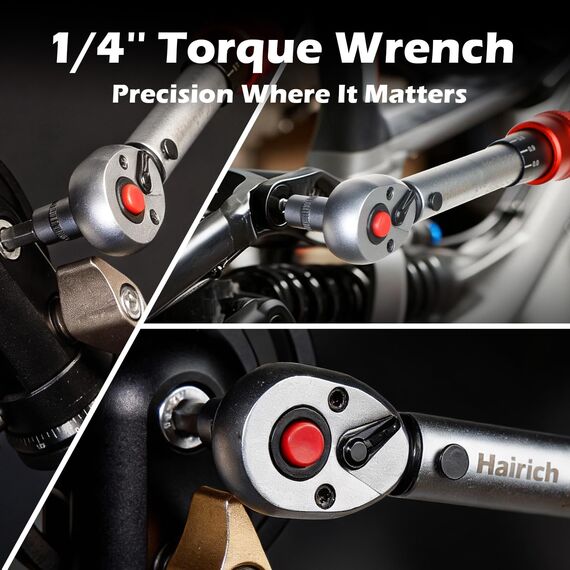 Hairich Drehmomentschlüssel Fahrrad 1/4 Zoll 1–25 Nm, ±3% Genauigkeit, 72-Zähne Ratsche, 33-teiliges Torque Wrench Set mit Verlängerung, 1/4"- 3/8" Adapter & Kardangelenk, für Fahrrad & Motorrad