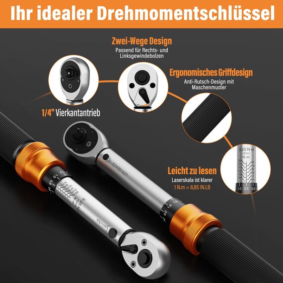 13TLG Klein Drehmomentschlüssel Fahrrad 3-25NM, 1/4 Zoll Torque Wrench Set, 72 Zähne Umschaltknarre, Ratschenkasten inklusive mit Verlängerungsstange 10 cm, Innensechskant und Torx Bit Buchse