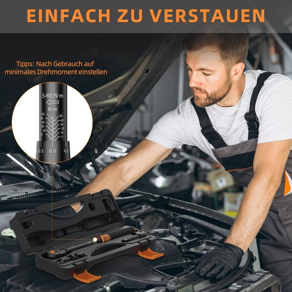 3/8 Zoll Drehmomentschlüssel, 72 Zähne Wende Ratschenkopf, 5-60 Nm Torque Wrench Set für Fahrrad, Motorrad und Auto Zündkerzen Wechsel, mit 3/8" auf 1/4" Adapter, 3/8" Universalgelenk, 75mm Verlängeru