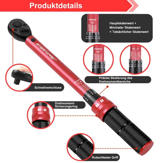 ATsafepro Drehmomentschlüssel 3/8 Zoll, Drive Click 5-60 Nm Drehmomentschlüssel Auto, Dual Direction Einstellbare 72 Zähne Fahrrad Drehmomentschlüssel für Fahrrad und Motorrad Auto Wartung