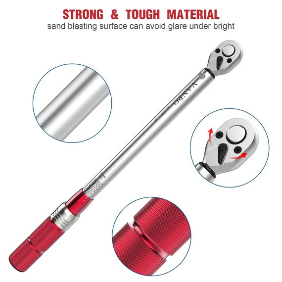 VANPO Drehmomentschlüssel 1/2", 20-220 Nm Drehmoment-Schlüssel 8 tlg. Set, ± 3% Fehlergenauigkeit mit 2 Verlängerung, 5 Stecknüsse 17mm, 19mm, 21mm, 23mm,24mm Reifenschlüssel für Auto, LKW, Motorrad