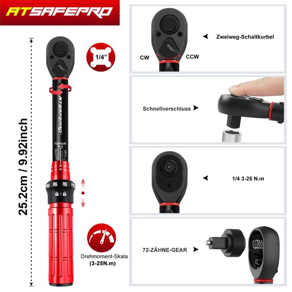 ATsafepro Drehmomentschlüssel Fahrrad 3-25Nm, Drehmomentschlüssel 1/4 Zoll, ±3% Fehlergenauigkeit 72 Zähnen für Fahrrad und Motorrad Wartung