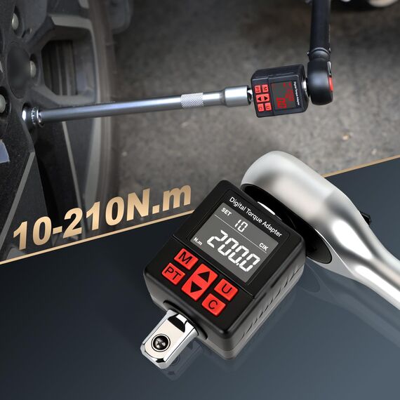 Digitaler Drehmomentadapter, 1/2 Zoll 10-210 N.m Drehmomentadapter Set mit Voreingestellter, Lagerung, Summer, LCD-Anzeige, ± 1% Fehlergenauigkeit, 1/4" 3/8" Adapter für Auto, Motorrad, Fahrrad