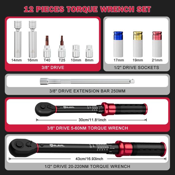 ALAIAL Drehmomentschlüssel 1/2" & 3/8", 20-220Nm, 5-60Nm Drehmomentschlüssel 12-tlg. Set mit Verlängerung, Reifenschutz Steckdosen, Zündkerzenhülse, Bits und Sockets für Fahrrad, Motorrad, Auto