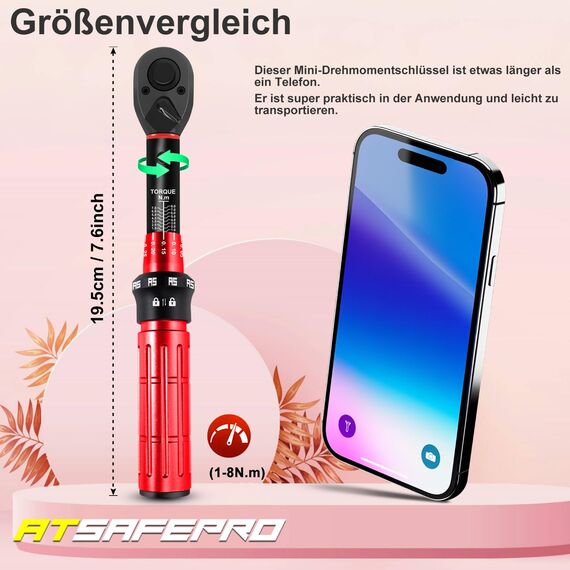 ATsafepro Drehmomentschlüssel 1/4 Zoll 1-8NM, Drehmomentschlüssel Klein für Fahrrad,Motorrad, ±3% Hochpräziser Drehmomentschlüssesls mit 72 Zähnen