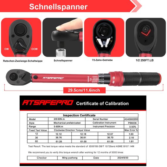 ATsafepro Drehmomentschlüssel 3/8 Zoll, Drive Click 5-60 Nm Drehmomentschlüssel Auto, Dual Direction Einstellbare 72 Zähne Fahrrad Drehmomentschlüssel für Fahrrad und Motorrad Auto Wartung