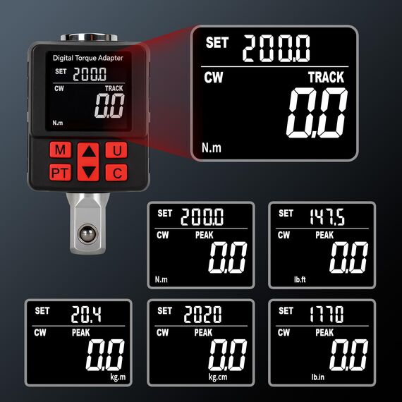 Digitaler Drehmomentadapter, 1/2 Zoll 10-210 N.m Drehmomentadapter Set mit Voreingestellter, Lagerung, Summer, LCD-Anzeige, ± 1% Fehlergenauigkeit, 1/4" 3/8" Adapter für Auto, Motorrad, Fahrrad