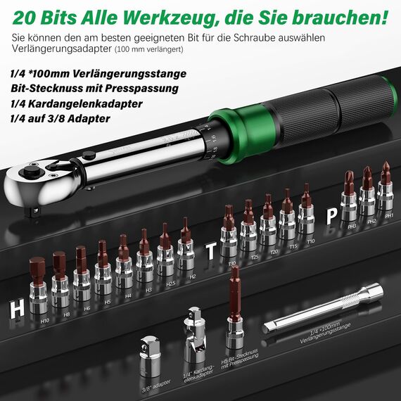 ss shovan 21TLG Drehmomentschlüssel Fahrrad, 1/4 Zoll 2-24 Nm Torque Wrench Set, 72 Zähne Umschaltknarre, ± 3% Fehlergenauigkeit, Ratschenkasten inklusive 3/8" Adapter, Phillips Hex und Torx Bits