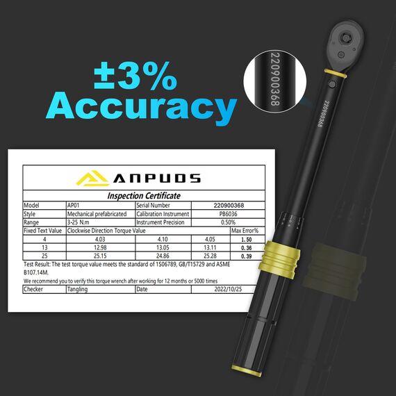 ANPUDS Drehmomentschlüssel 1/4", 3-25 NM Fahrrad & Motorrad, 0,1NM Mikro-Einstellung mit Arretierung, ±3% Fehlergenauigkeit Drehmoment-Schlüssel mit 72 Zähne Wende Ratschenkopf