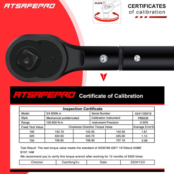 ATsafepro Drehmomentschlüssel Auto 3/4 Zoll (100-600Nm) für Reifenwechsel & LKW – Profiwerkzeug mit ±3% Genauigkeit, 48 Zähnen und rutschfestem Griff