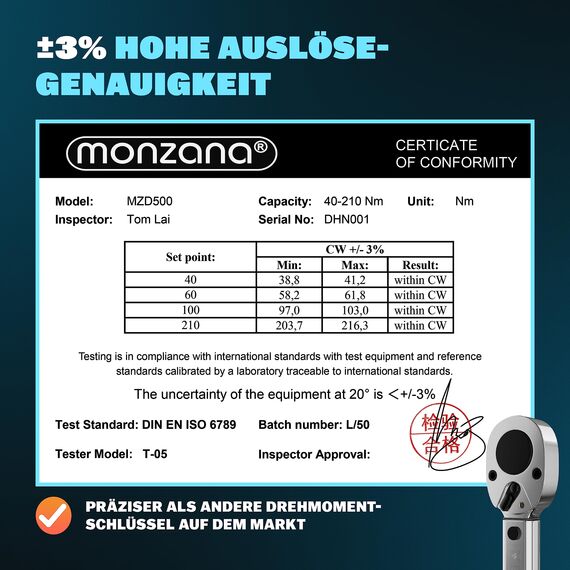 Monzana® Drehmomentschlüssel 6tlg. Set 40-210Nm TÜV Süd GS 1/2' Zoll CrV +/- 3% Toleranz Wende Ratschenkopf inkl. 3 Stecknüsse 17, 19, 21mm Verlängerung inkl. Koffer Auto Motorrad