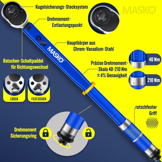 MASKO® Drehmomentschlüssel 6tlg. Set 40-210Nm 1/2' CV inkl. 3 Stecknüsse 17mm 19mm 21mm & Verlängerung 125mm Montagehandschuhe Koffer +/- 4% Toleranz Reifenschlüssel Auto Drehmoment-Schlüssel, Blau