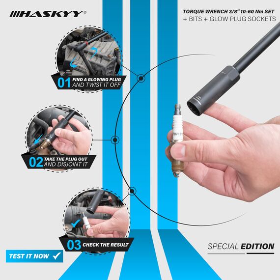HASKYY Drehmomentschlüssel 3/8" 10-60Nm Zündkerzenschlüssel Magnetisch 14-16mm mit Torxbits T20 T30 T40 inkl. Verlängerungsadapter KFZ Industrie Motorrad Auto