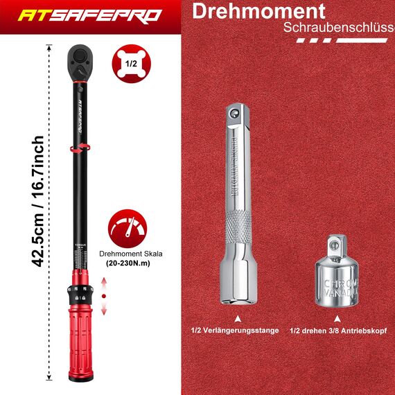 ATsafepro Drehmomentschlüssel 1/2",20-230Nm Drehmomentschlüssel auto mit 3/8" Adapter Verlängerungsstange,±3% Fehlergenauigkeit 72 Zähne torque wrench für die Reparatur von Auto, Motorrad, LKWs