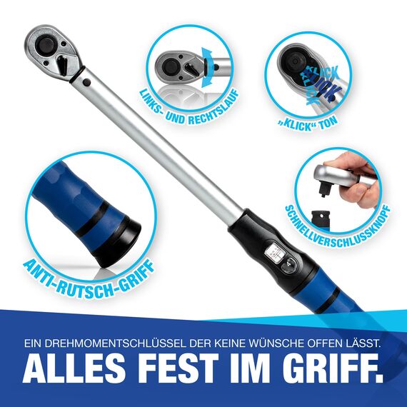 NTG Drehmomentschlüssel Auto 1/2" Zoll 40-210 Nm mit Kalibrier Zertifikat Umschaltknarre mit Ergogriff Klickmechanismus und Koffer präzise einstellbar für Auto Werkstatt Reifenwechsel