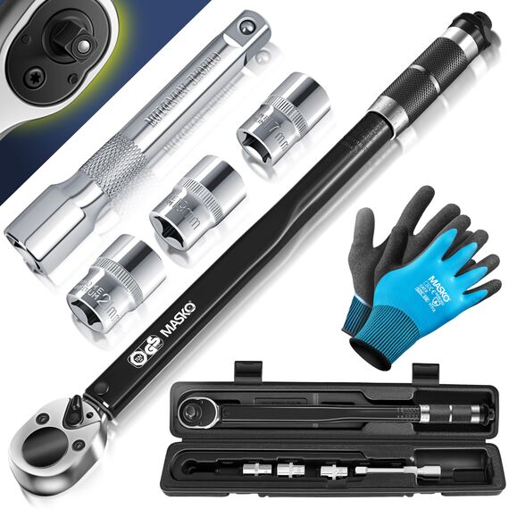 MASKO® Drehmomentschlüssel 6tlg. Set 40-210Nm 1/2' CV inkl. 3 Stecknüsse 17mm 19mm 21mm & Verlängerung 125mm Montagehandschuhe Koffer +/- 4% Toleranz Reifenschlüssel Auto Drehmoment-Schlüssel, Schwarz
