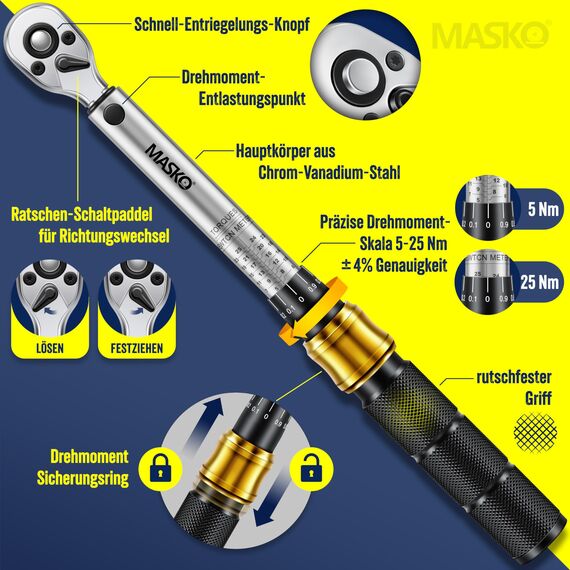MASKO® Drehmomentschlüssel 45-tlg. Set Auto, Fahrrad & Motorrad 1/4 Zoll 5-25Nm inkl. Handschuhe, Magnetische Zündkerzenhülse Stecknüsse mit Verlängerungsstange 100mm +/- 4% Toleranz Reifenschlüsse