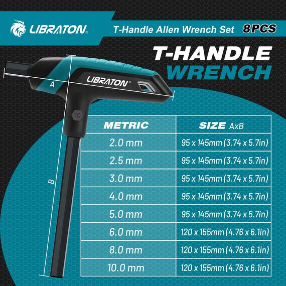 LIBRATON T-Griff Schlüssel-Satz, Metrisch T Griff Schraubendreher Set, 2,0 mm-10 mm T-GrifInnensechskant Stiftschlüssel mit Quergriffen, Auto-Fahrrad-Reparaturwerkzeug, 8tlg mit Aufbewahrungsregal