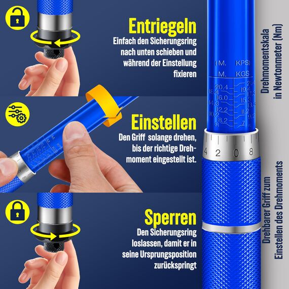 MASKO® Drehmomentschlüssel 6tlg. Set 40-210Nm 1/2' CV inkl. 3 Stecknüsse 17mm 19mm 21mm & Verlängerung 125mm Montagehandschuhe Koffer +/- 4% Toleranz Reifenschlüssel Auto Drehmoment-Schlüssel, Blau