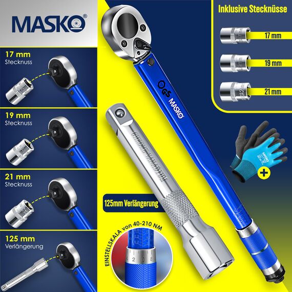 MASKO® Drehmomentschlüssel 6tlg. Set 40-210Nm 1/2' CV inkl. 3 Stecknüsse 17mm 19mm 21mm & Verlängerung 125mm Montagehandschuhe Koffer +/- 4% Toleranz Reifenschlüssel Auto Drehmoment-Schlüssel, Blau