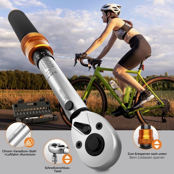 13TLG Klein Drehmomentschlüssel Fahrrad 3-25NM, 1/4 Zoll Torque Wrench Set, 72 Zähne Umschaltknarre, Ratschenkasten inklusive mit Verlängerungsstange 10 cm, Innensechskant und Torx Bit Buchse