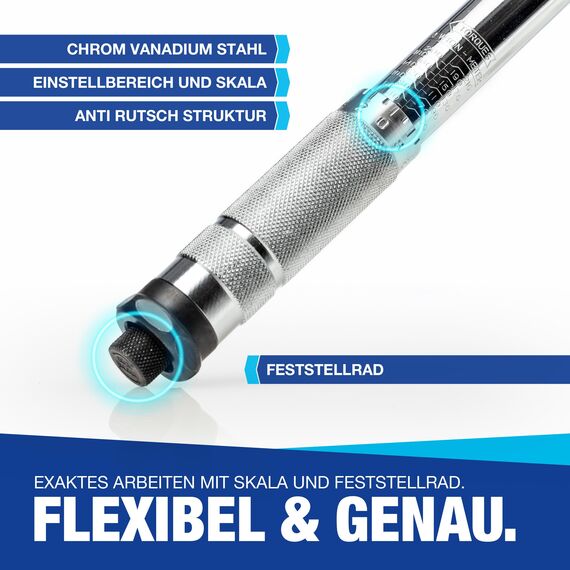 NTG Drehmomentschlüssel 1/2" Zoll 40-210 Nm inkl. 3 Stecknüsse 17 | 19 | 21mm inkl. Verlängerung + Schoneinsätze für Alufelgen - für Auto Motorrad SUV Van